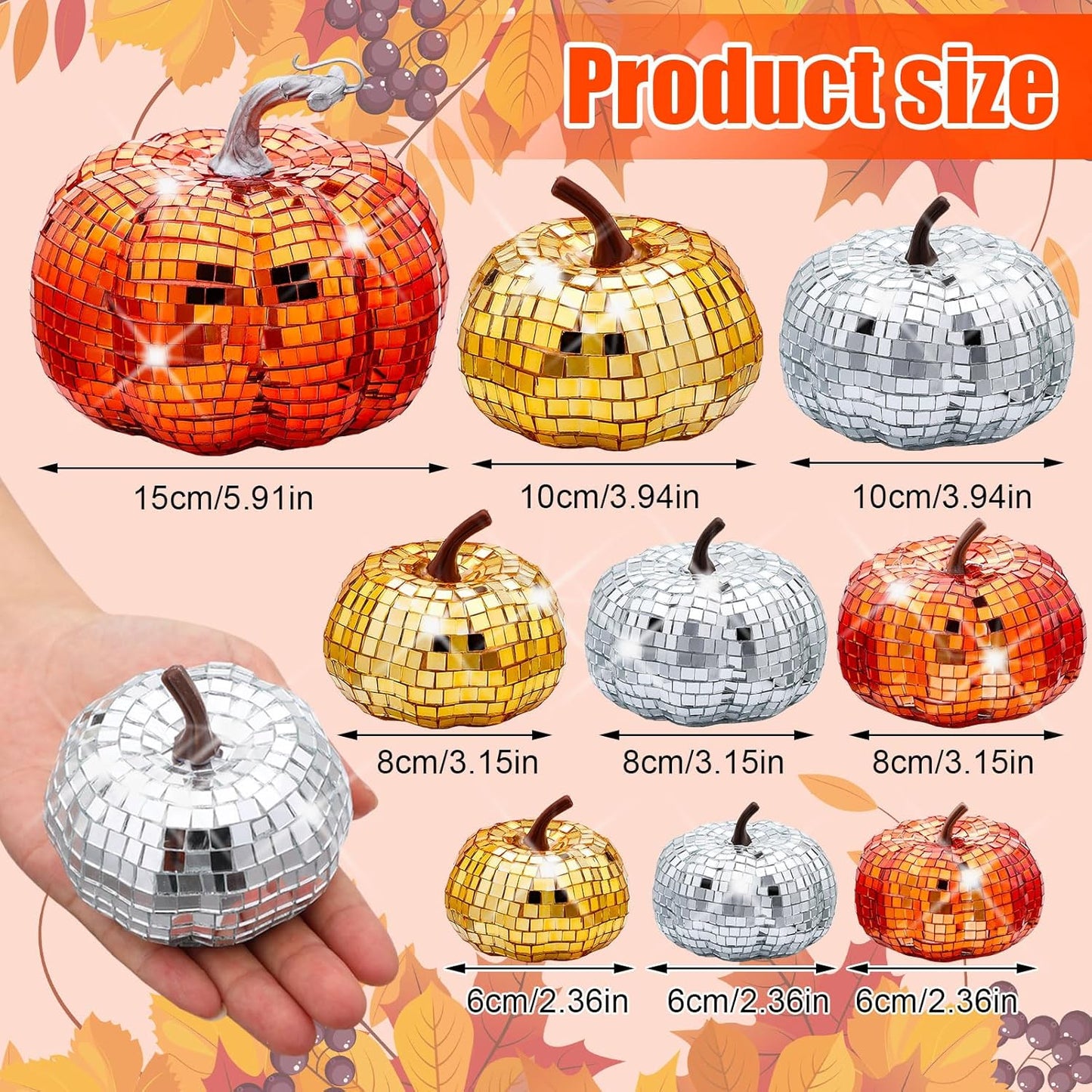 Lenwen 12 Pcs Artificial Disco Pumpkin Glitter Mirror Pumpkin for Decorating Fall Farmhouse Hanging Ornament Harvest Decor for Halloween Thanksgiving Table Centerpiece(Orange, Gold, Sliver)
