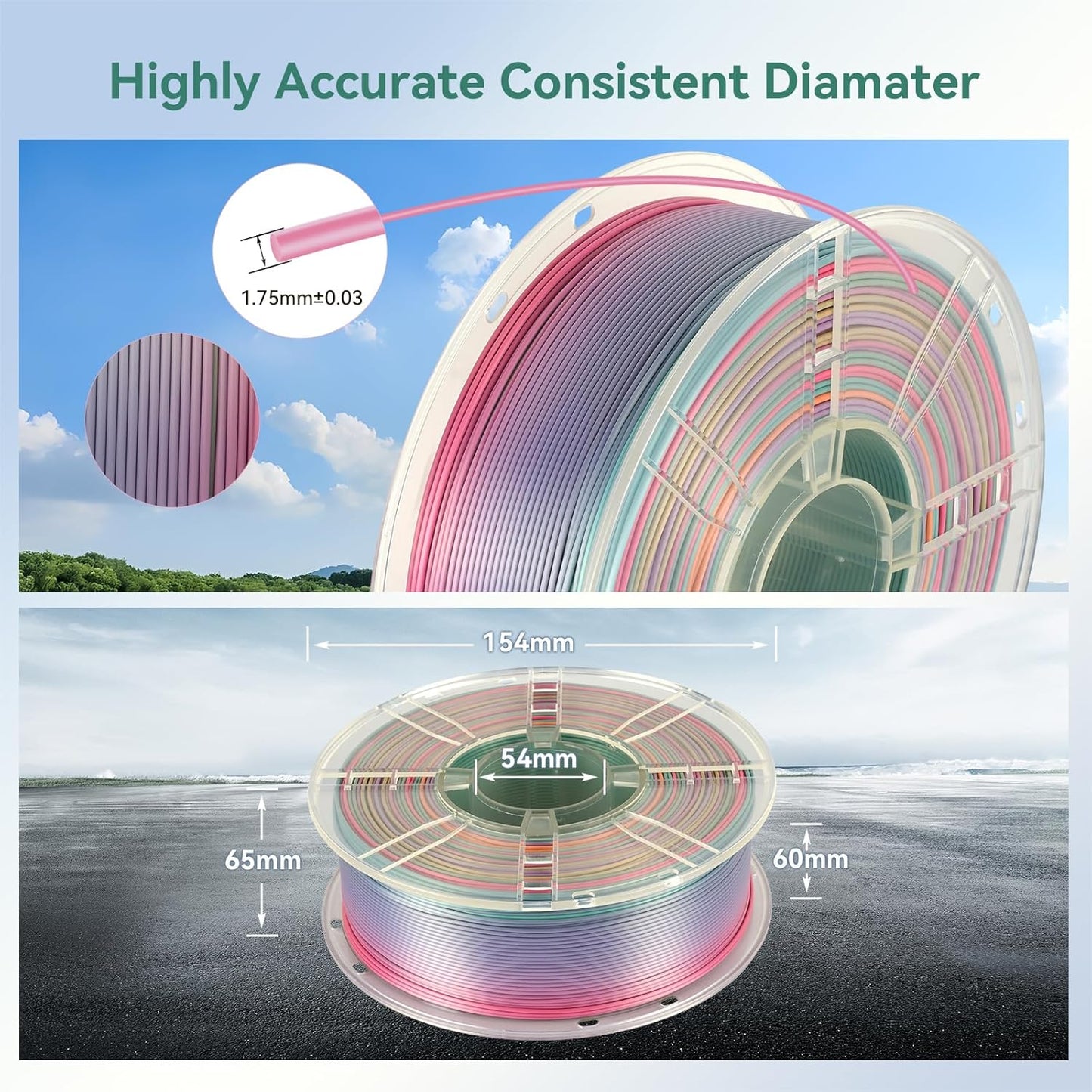 Kingroon Silk PLA Filament 1.75mm Rainbow Filament 3D Printer Filament Color Changing Filament 1kg Dimensional Accuracy ±0.03mm,Fit Most 3D Printers(Candy)