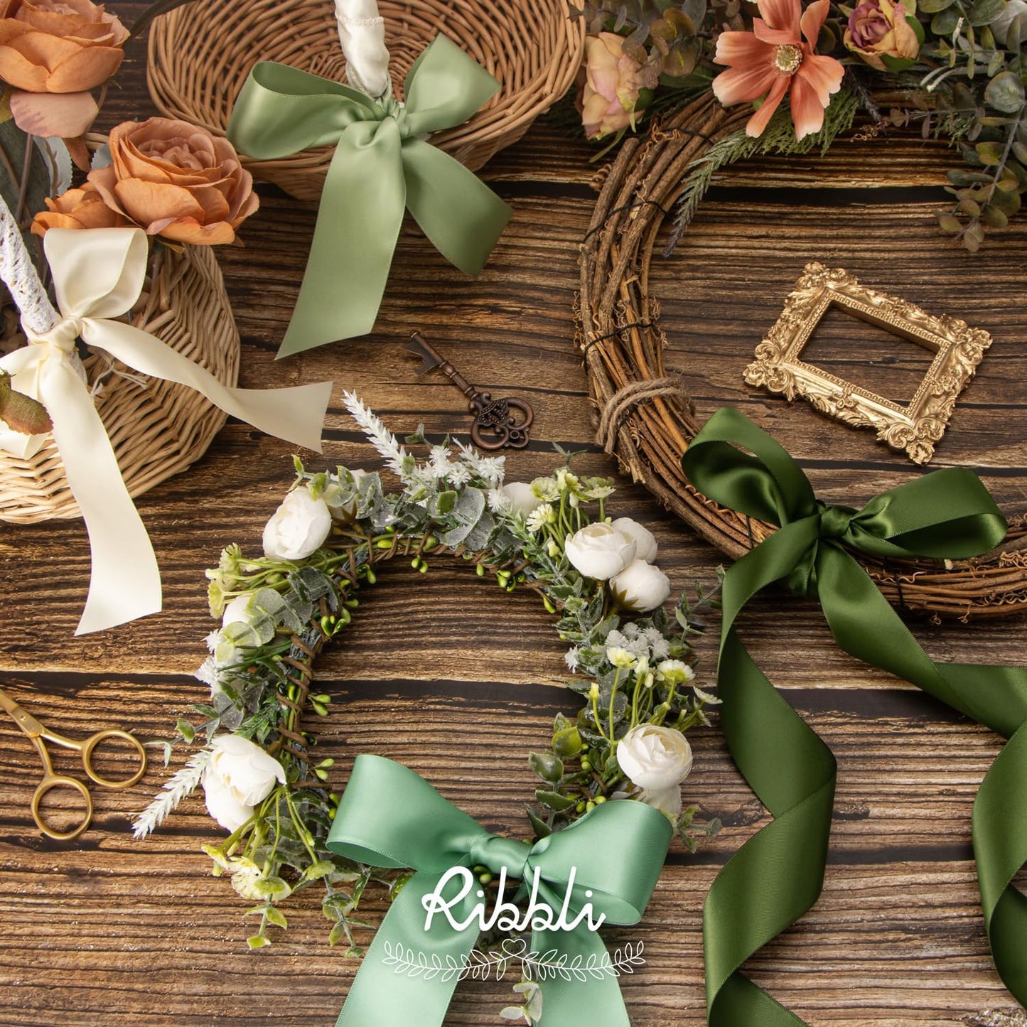 Ribbli Sage Green Satin Ribbon 1-1/2 Inch x 4 Rolls Total 40 Yards- Ivory/Sage/Dusty Sage/Moss Green Ribbon for Gift Wrapping Craft Wedding Decoration