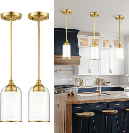 LIROUVET 2 Pack Pendant Lights, Vintage Dual Glass Hanging Lamp, Brushed Gold Pendant Lights Kitchen Island with Clear and Milk Glass, Pendant Lighting for Dining Room PL02BR-2PK