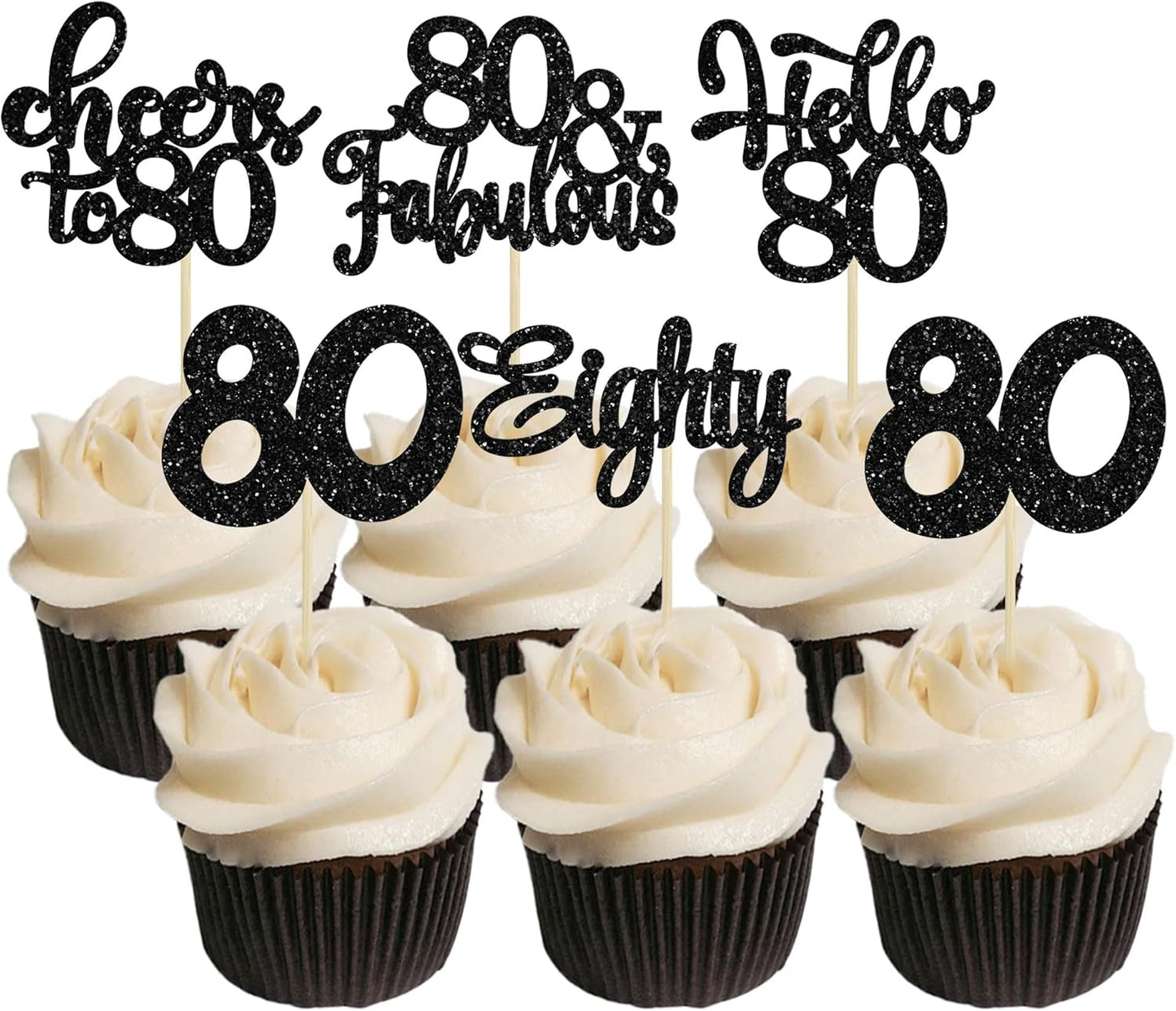 30pcs Happy 80th Birthday Cupcake Toppers - Eighty Cheers to 80 Years Old - Black Glitter