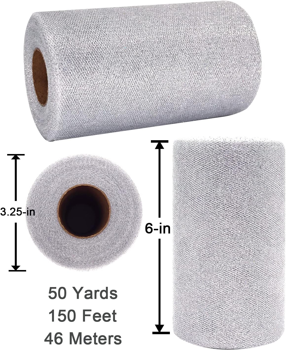 Glitter Tulle Fabric Rolls, 6 Inch 50 Yards (150ft) Sparkling Spool Ribbon Sequin Netting for Tutu Skirt Gift Wrapping Wedding Party Decoration (Silver)