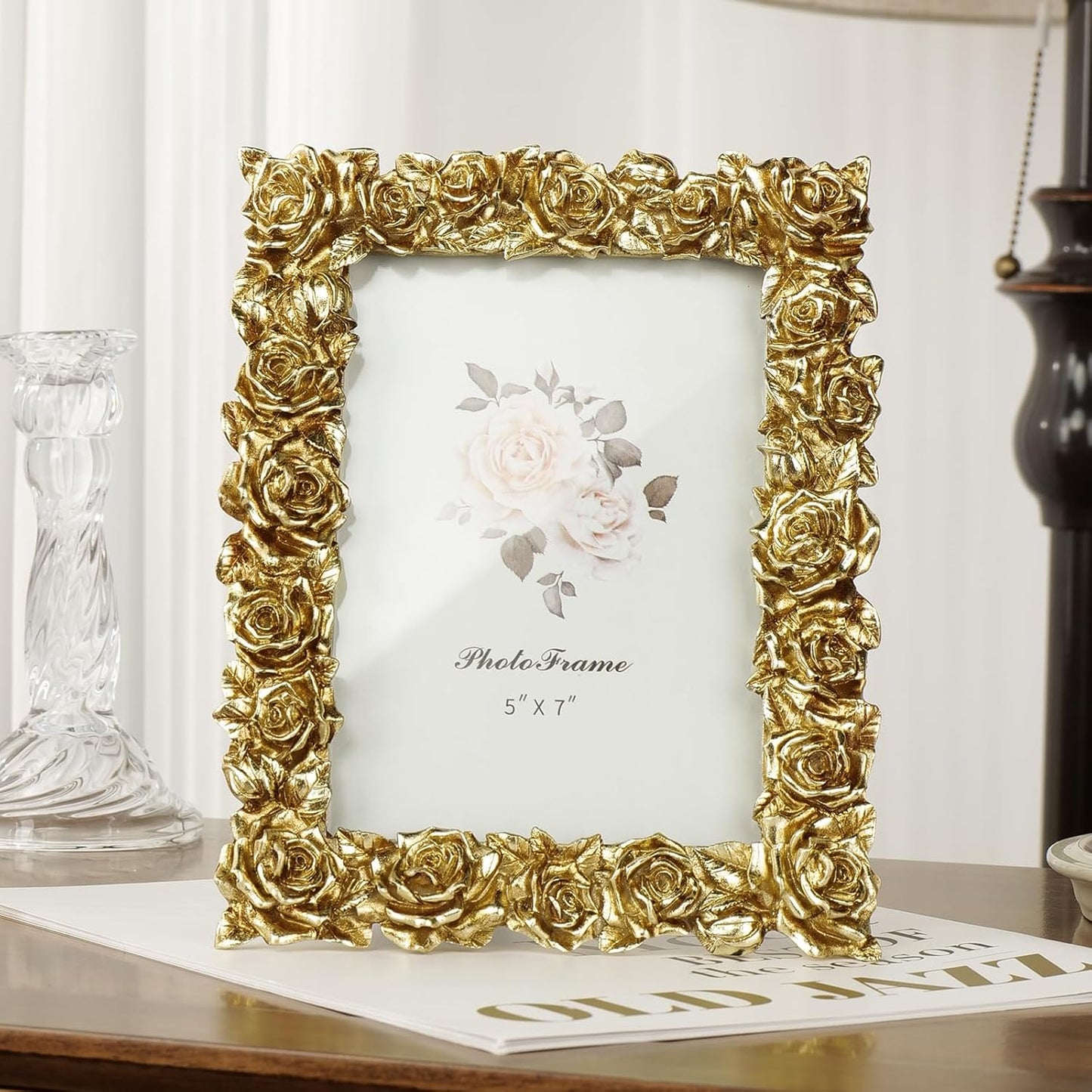 Cuspin Vintage Gold 5x7 Picture Frame, Gold Ornate Rose Flower Resin Photo Frame with Glass Front for Tabletop, Antique Picture Frames Photo Gallery for Home Office Decor