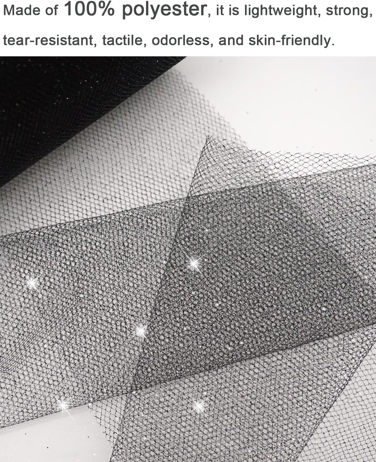 Black Glitter Tulle Fabric Rolls, 6 Inch 50 Yards (150ft) Sparkling Spool Ribbon Sequin Netting for Tutu Skirt Gift Wrapping Wedding Party Decoration (Black)