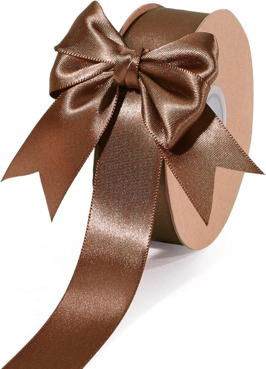 LaRibbons Brown Ribbon 1 Inch 25 Yards Luxury Double Faced Mocha Mousse Silk Ribbon for Flower Bouquet Crafts Gift Wrapping Wedding Party Decoration