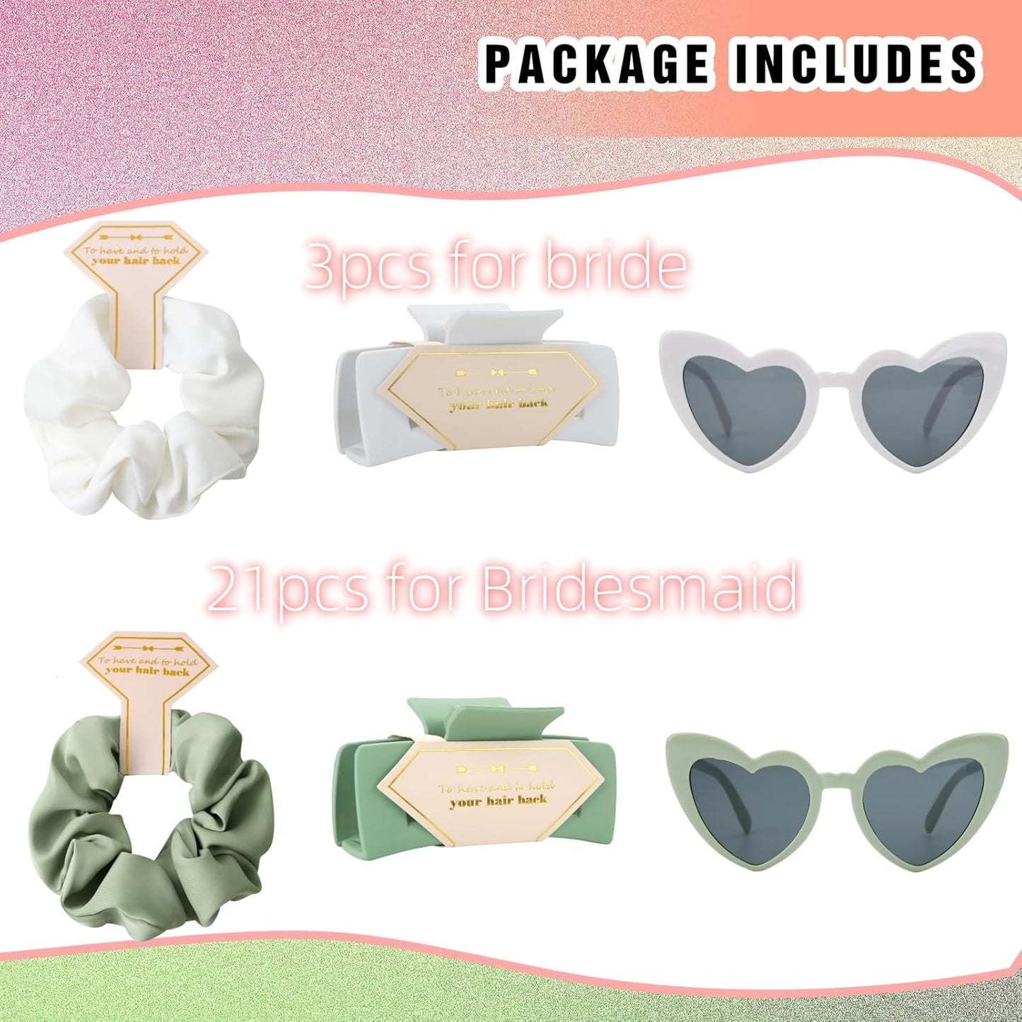 Bridesmaid Scrunchies Proposal Gifts Bachelorette Hair Claws Clips Girls heart sunglasses for Wedding Party Favors (White&Dusty Blue)