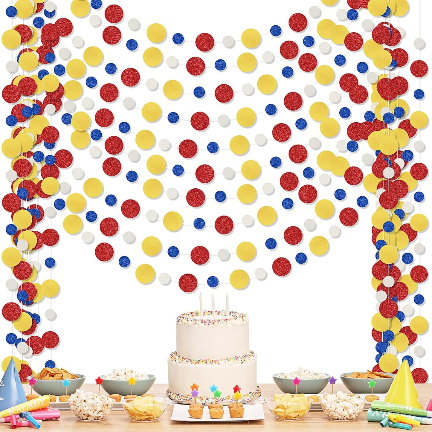 Outus 10 Pieces Colorful Dots Paper Garland Round Glitter Garland Hanging Confetti Streamers Backdrop for Candy Birthday Classroom Halloween Trunk or Treat Car Decoration (Red,Blue,Yellow)