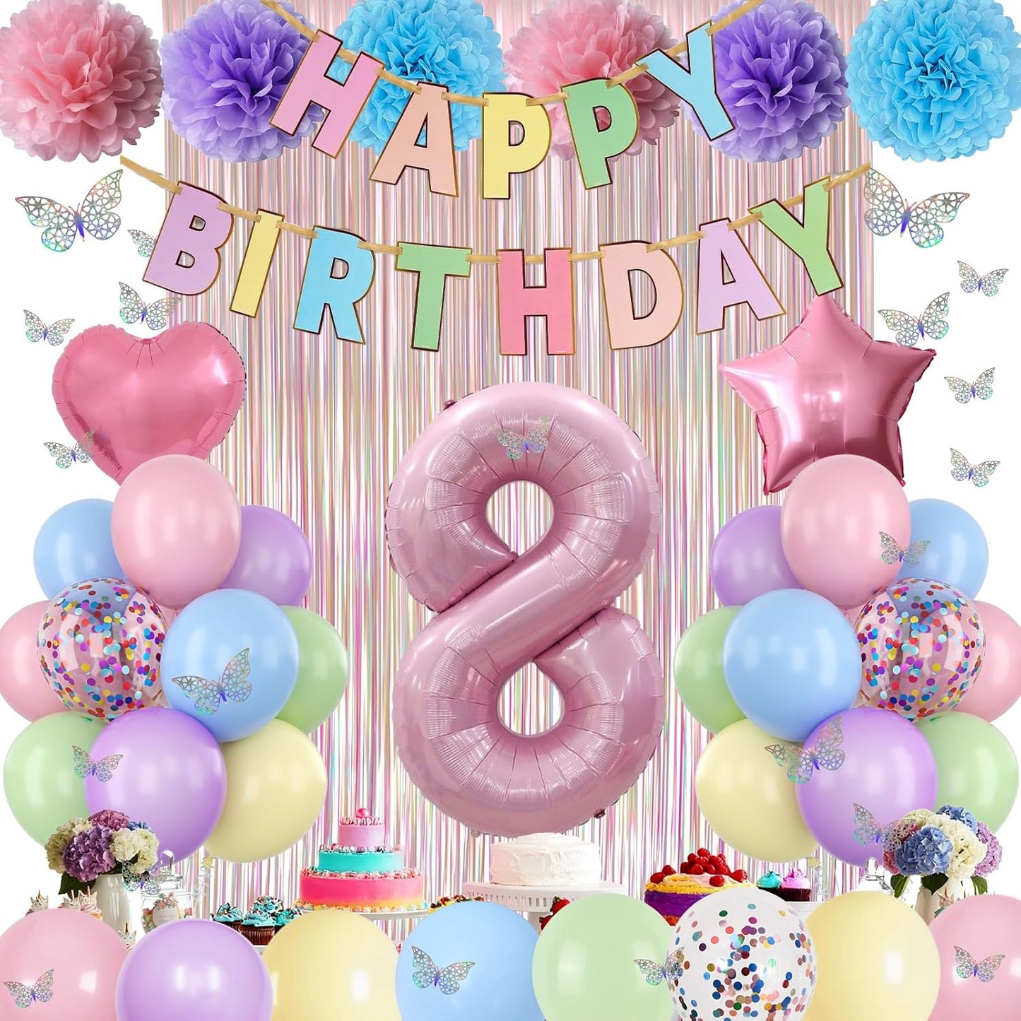 Pastel 8th Birthday Party Decorations for Girls Number 8 Balloon Happy Birthday Banner Butterfly Stickers Fringe Curtain Paper Pom Poms Macaron Pink Star Heart Foil Colorful Balloons 8 Year Old Decor