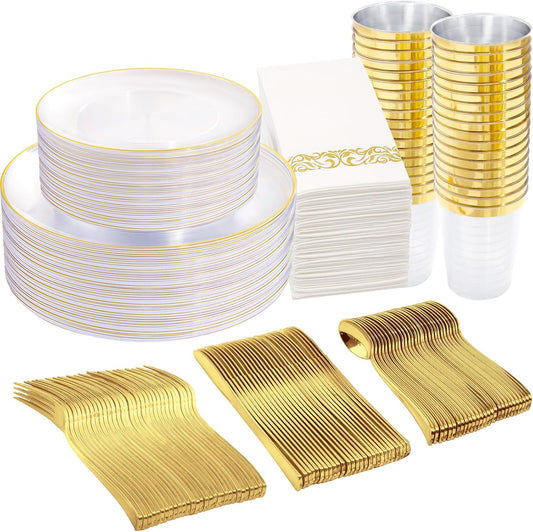Supernal 350PCS Clear and Gold Plastic Dinnerware Set Include Clear Disposable Plates, Gold Plastic Silverware Heavy Duty, Cups and Napkins for Birthday, Weddings, Parties