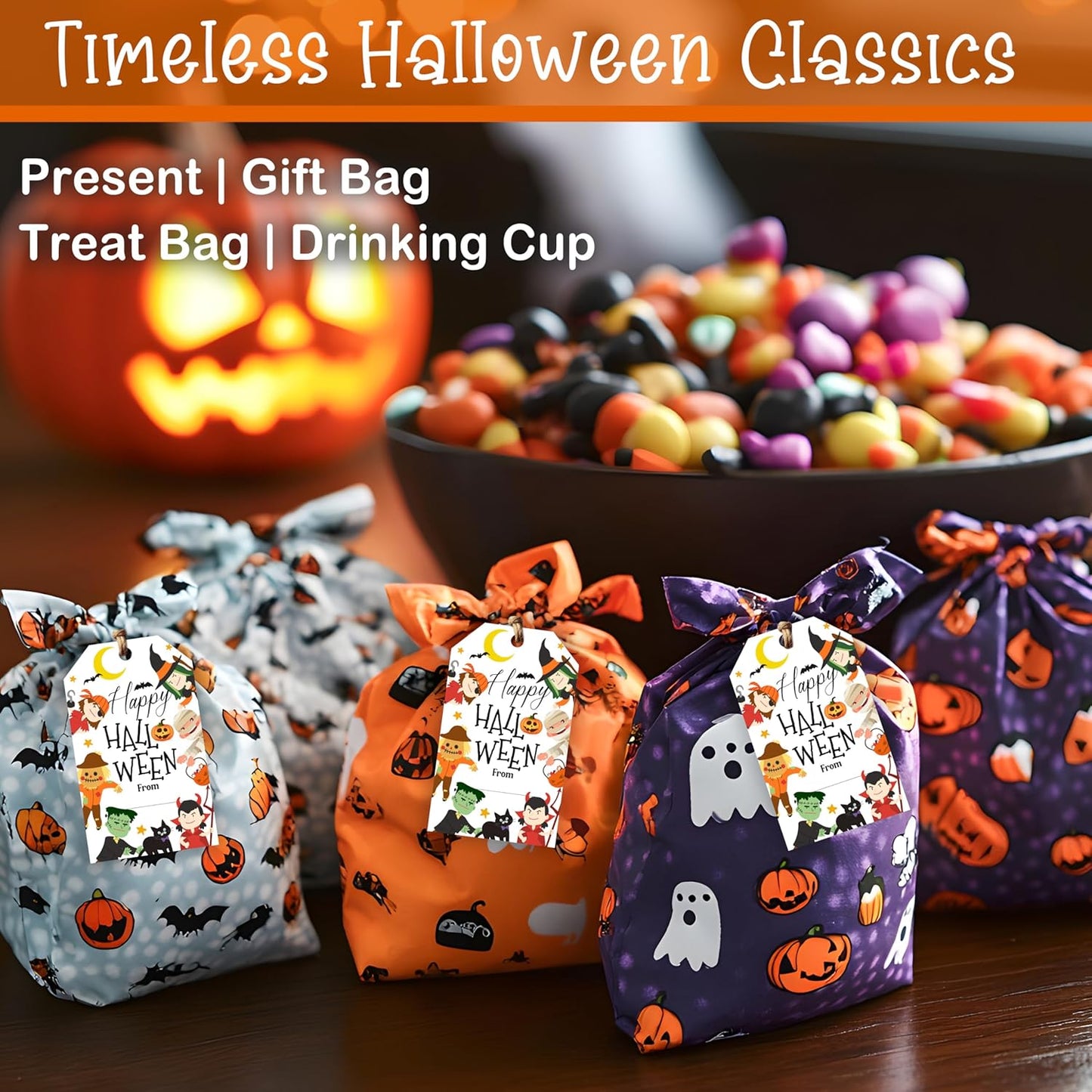 50 Pcs Halloween Tags with String, 2.1"×3.5" Pumpkin Paper Gifts Tags, Ghost Trick or Treat for Candy, Black Cat Happy Halloween Gifts Tag Wrap for Party Favor - B02