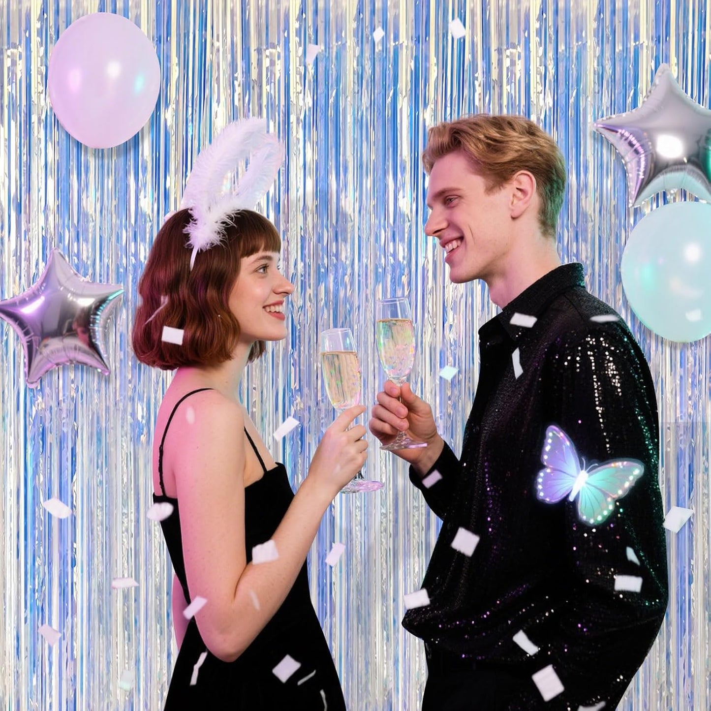 2 Pack Iridescent Party Decorations Foil Fringe Tinsel Backdrop Glitter Curtains Shimmer Wall Backdrop 70s 80s 90s Disco Theme Party Decorations Happy Birthday Easter Graduation Supplies