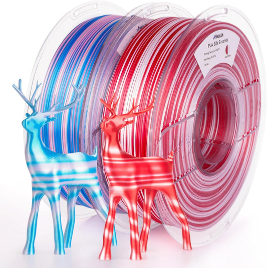 AMOLEN Silk PLA 3D Printer Filament Bundle, Shiny Multicolor Rainbow Filament 1.75mm Pack, Fast Color Change 3D Printing Filament, Red White & Blue Pink White, 1KG X 2 Spools