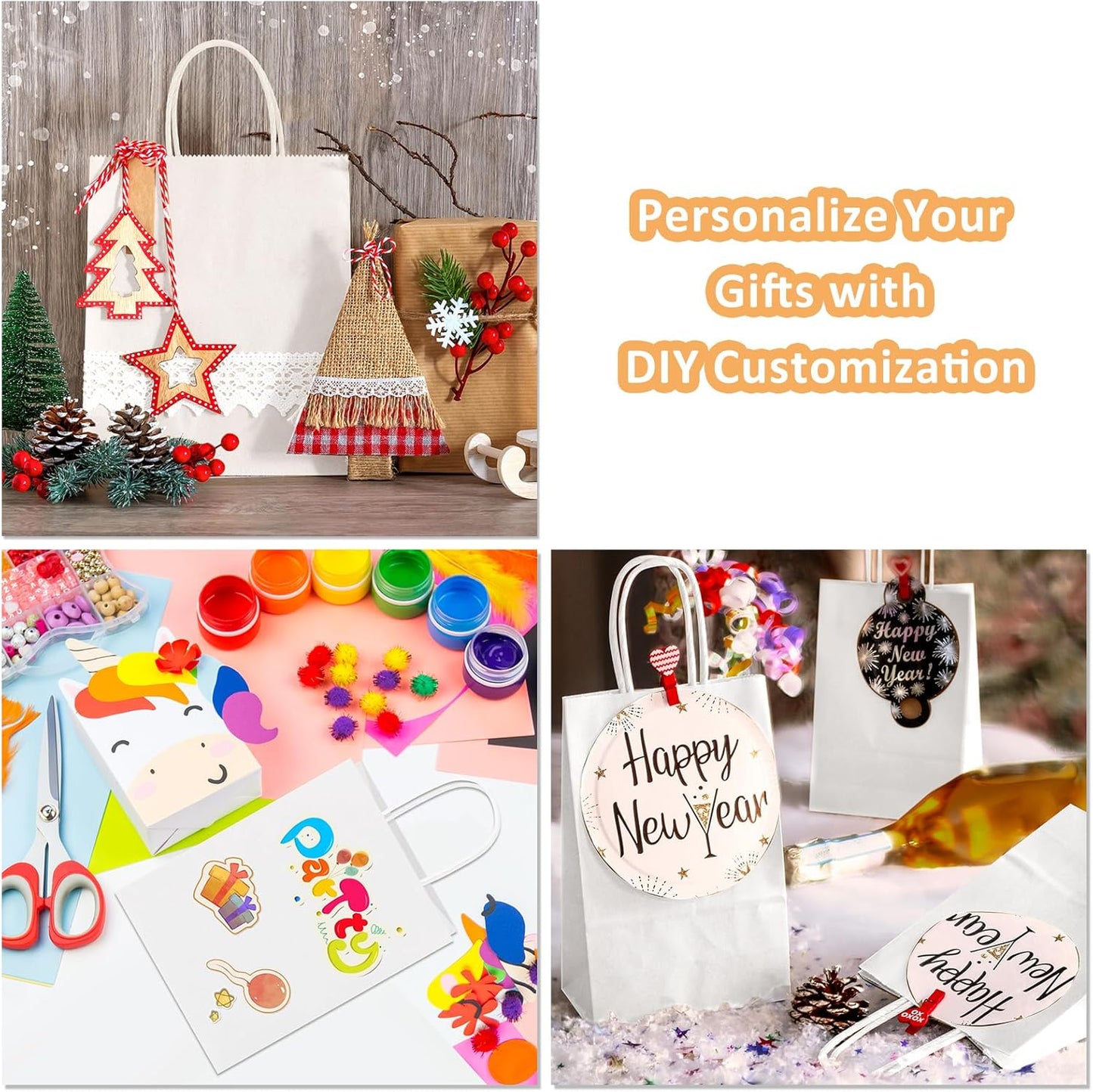 BagDream 50Pcs Gift Bags 8x4.25x10.5 Kraft Paper Gift Bags with Handles Bulk for Shopping, Wedding, Party Favor, Merchandise, Retail, White Paper Grocery Sacks