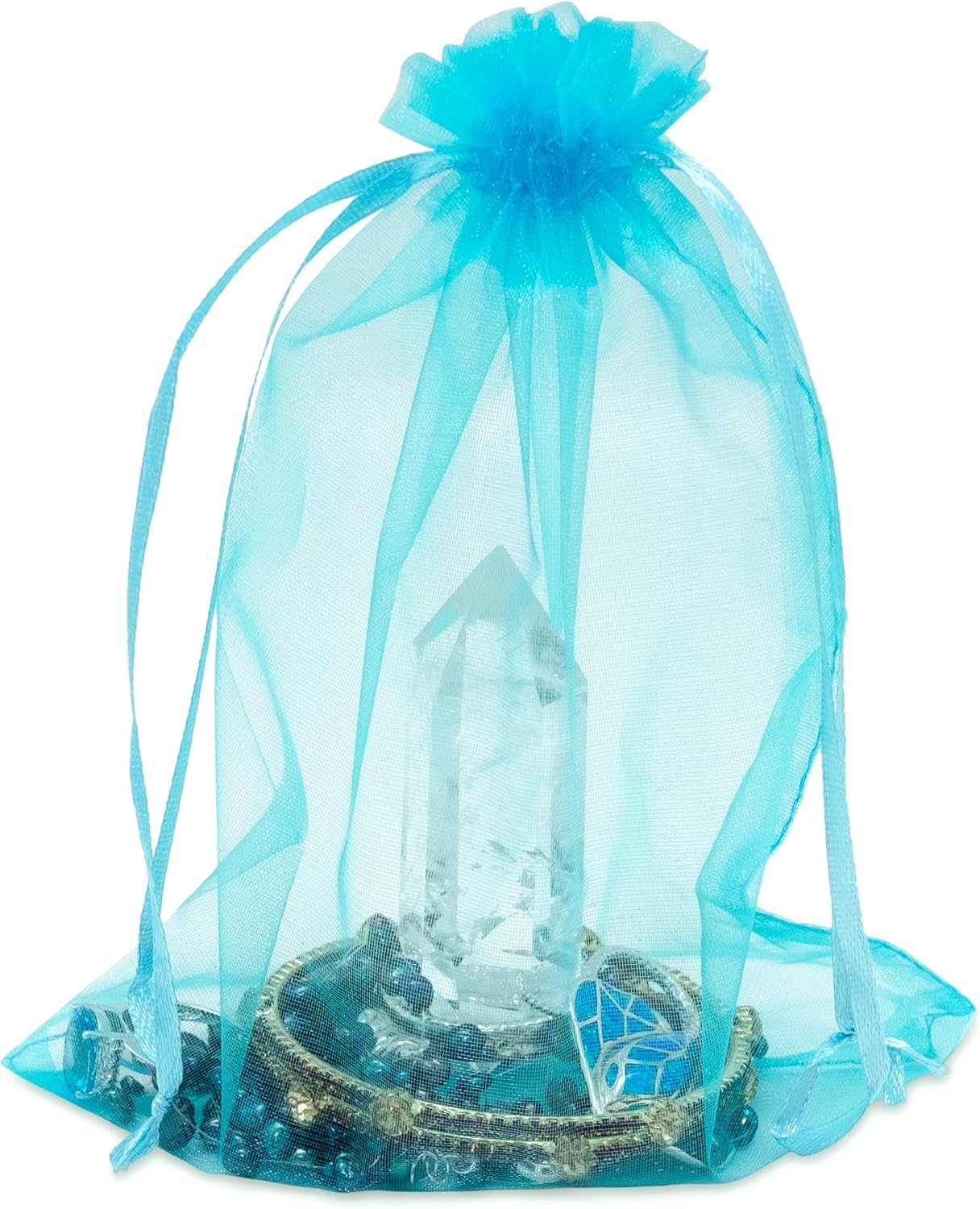 TheDisplayGuys 48-Pack 6x8 Turquoise Blue Sheer Organza Gift Bags with Drawstring, Goodie Bags for Jewelry, Candy Bags, Treat Bags, Wedding Favors Small Mesh Bags