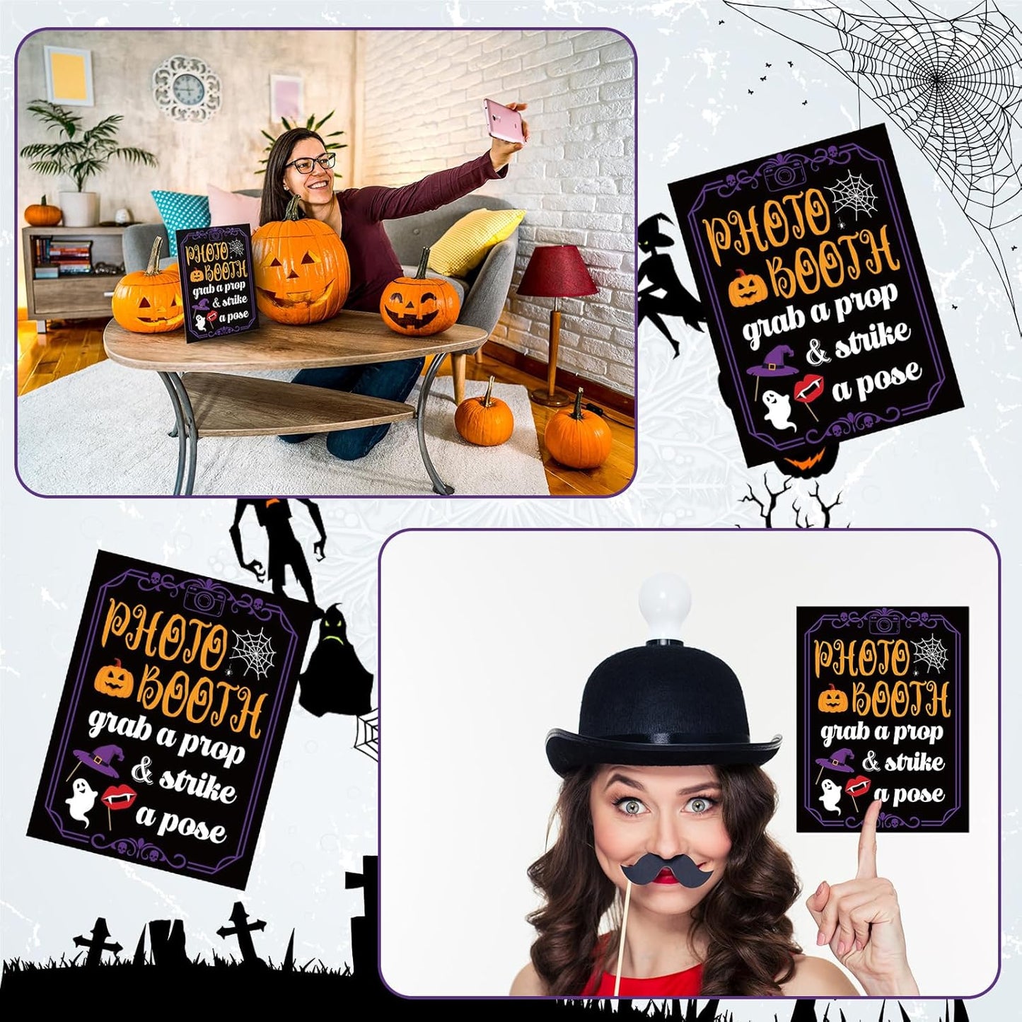 Photo Booth Sign with Stand Retro Background Table for Halloween Indoor and Outdoor Party Theme Event Photography Props Desktop Decoration Supplies