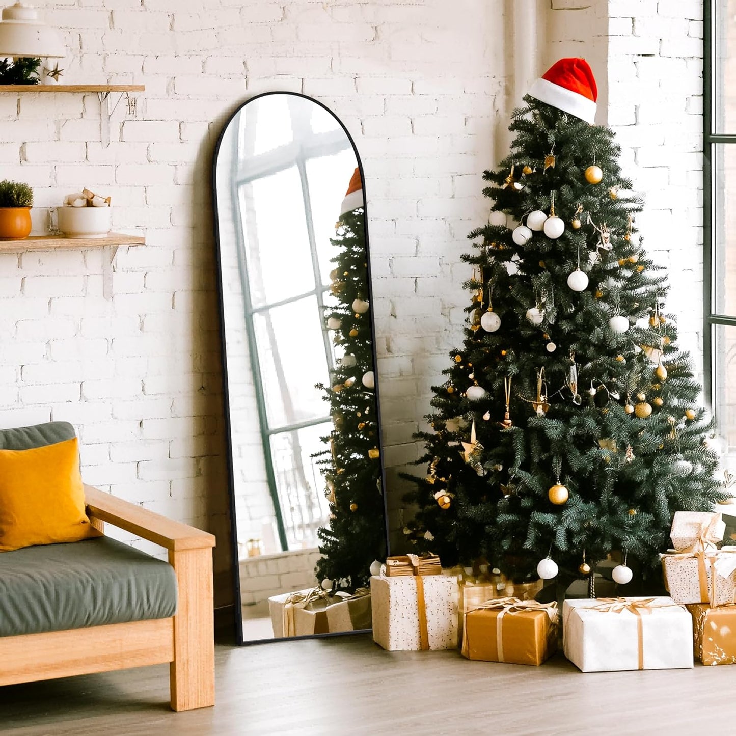 Arched Full Length Mirror, 56"x15" Standing Body Mirror for Wall, with Aluminum Alloy Frame for Bedroom, Living Room, Dressing Room(Black)