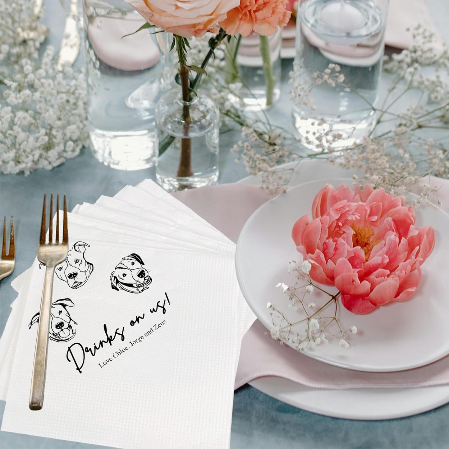 Luxury Customized Illustrated Dog Wedding Napkins, Personalized Photo Napkins for Dog, Custom Wedding Cocktail, Bridal Shower, Engagement Party