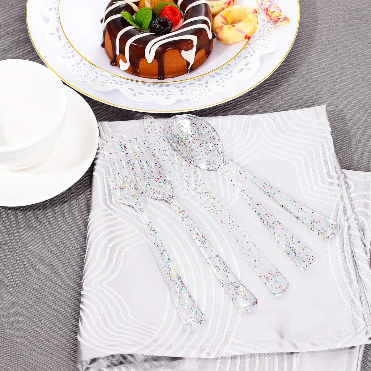 Supernal 360pcs Clear Plastic Silverware, Glitter Disposable Cutlery with Colorful Design,120 Forks,120 Knives,120 Spoons,Perfect for Parties Birthday