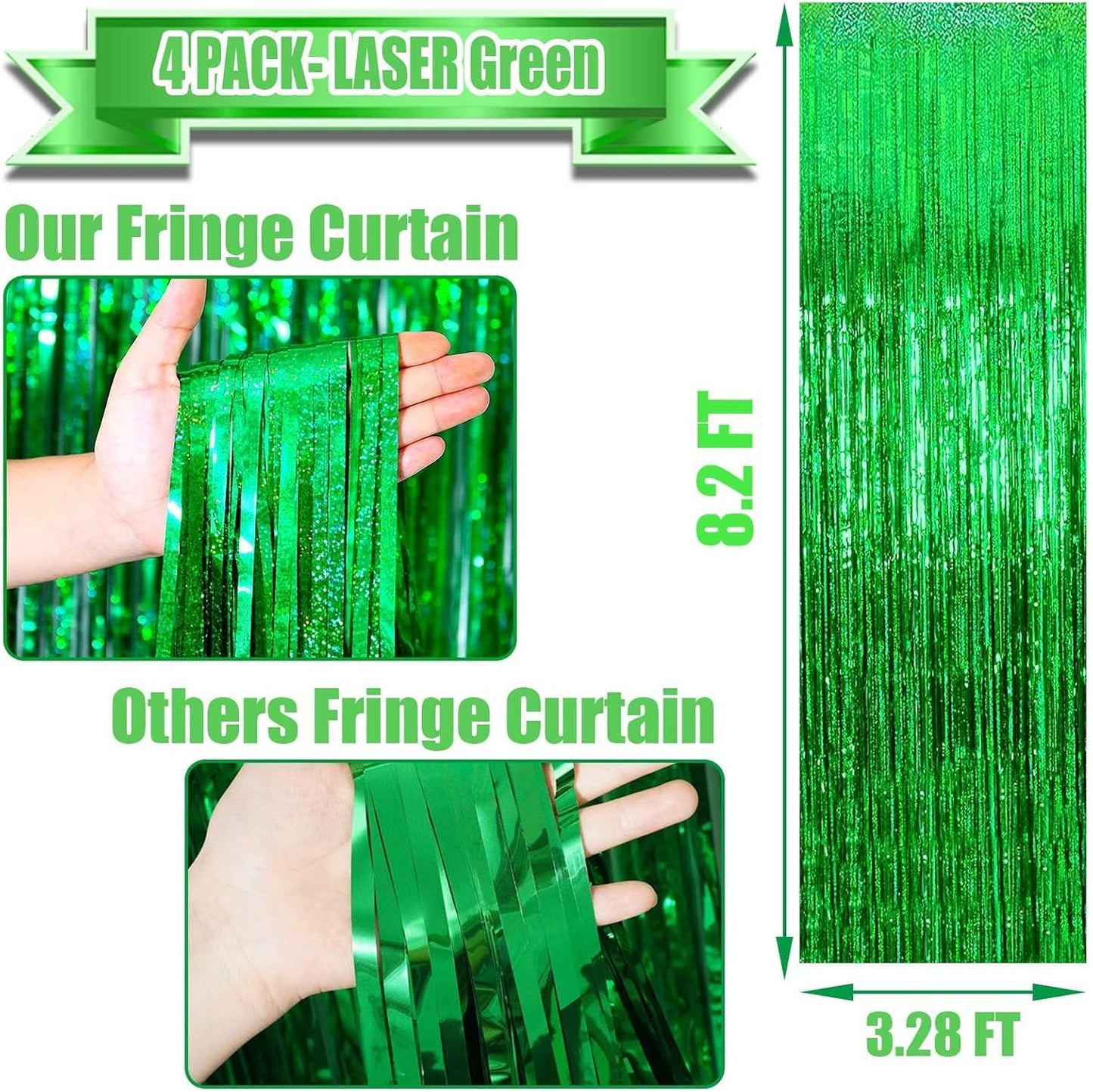 4 Pack Green Tinsel Foil Fringe Curtain Backdrop, 3.28Ft x 8.2Ft Metallic Streamers for Photo Booth Props Wedding Bridal Shower Bachelorette Birthday Carnival Easter Mother’s Day Party Decoration