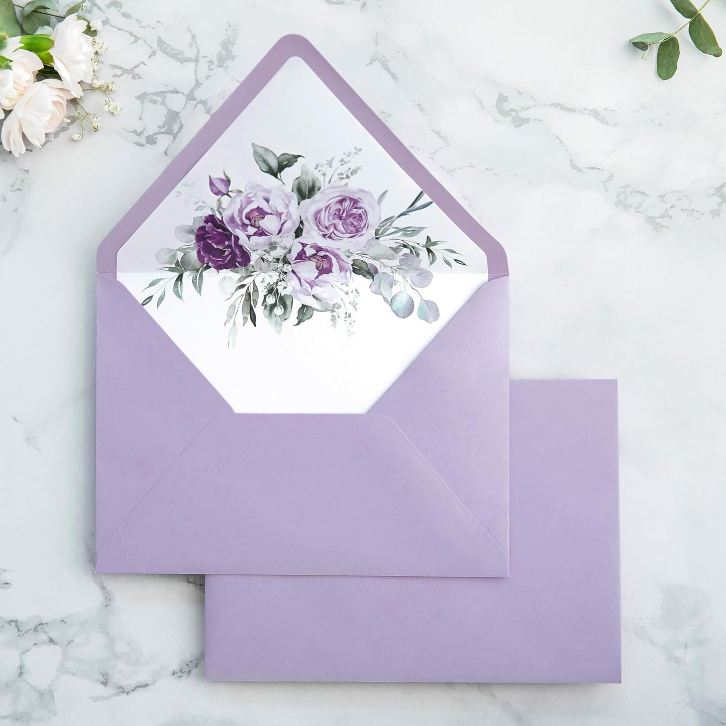 PONATIA 50PCS A7 Euro Flap Envelopes, 5.25 x 7.25'' Lilac Flowers Liner Envelopes for 5x7 Weddings Invitations, Photos, Postcards, Greeting Cards, Christmas Gift Cards, Acrylic Mailing
