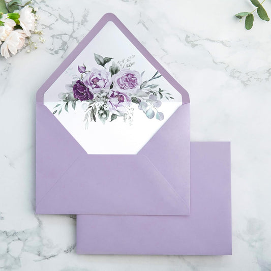 PONATIA 50PCS A7 Euro Flap Envelopes, 5.25 x 7.25'' Lilac Flowers Liner Envelopes for 5x7 Weddings Invitations, Photos, Postcards, Greeting Cards, Christmas Gift Cards, Acrylic Mailing