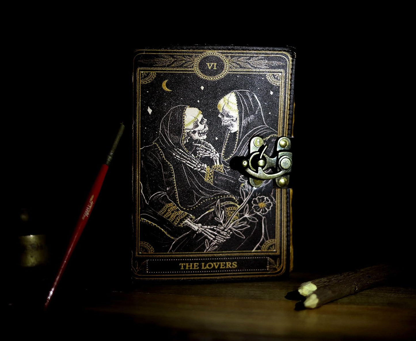 cuero Book of Spells Leather Journal Deckle Edge Paper Grimoire Printed Journal The Lovers Tarot Notebook Spiral Gothic Notebook Skull lover Antique Vintage Leather Journals for Men and Women