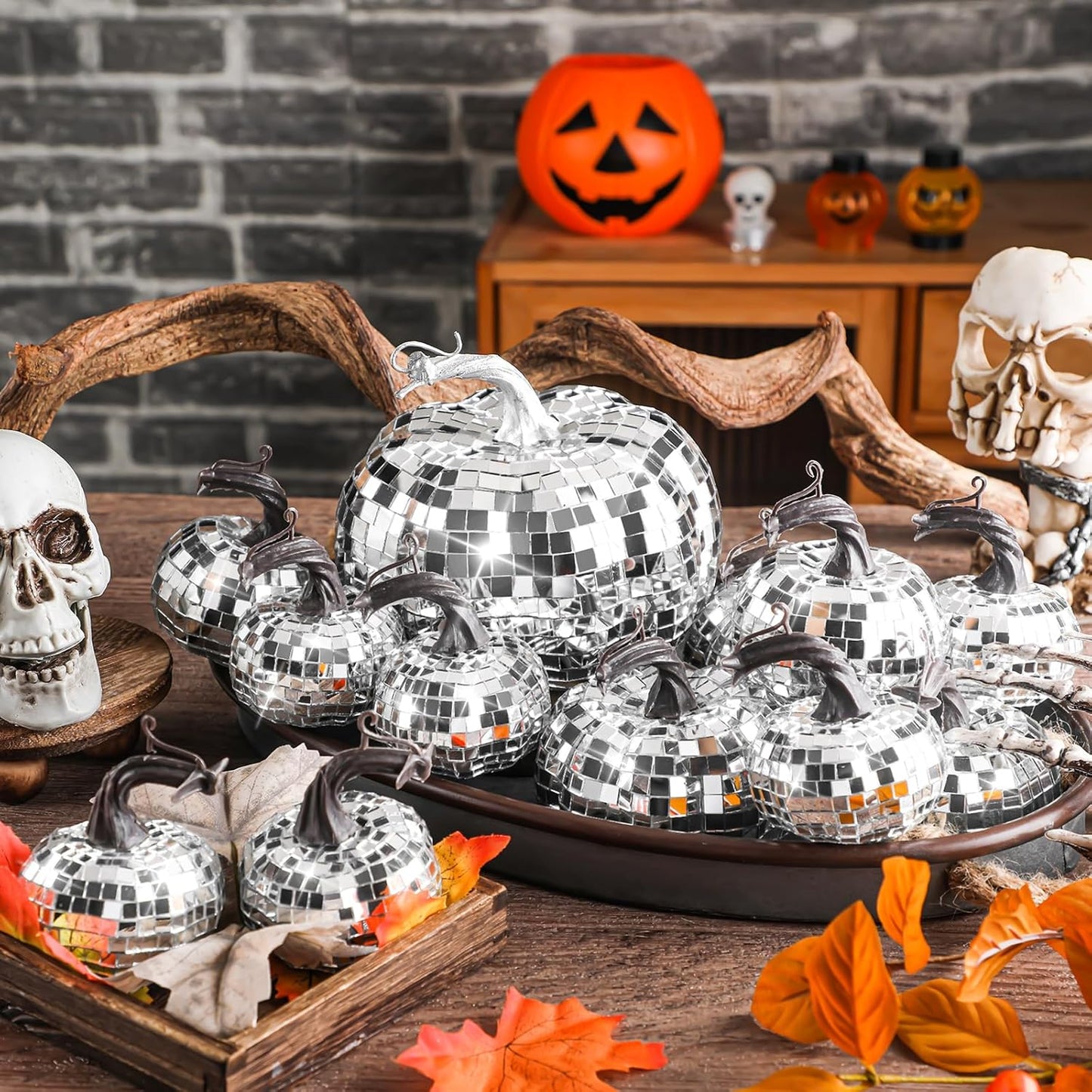 Lenwen 12 Pcs Artificial Disco Pumpkin Glitter Mirror Pumpkin for Decorating Fall Farmhouse Hanging Ornament Harvest Decor for Halloween Thanksgiving Table Centerpiece(Sliver)