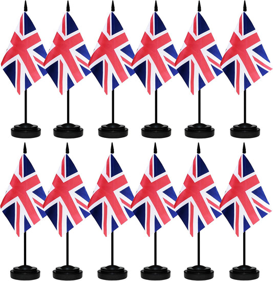 12 Pack United Kingdom Desk Flags Set, UK Small Mini Table Office Flags With 12" Solid Black Pole, Black Base and Spear Top, Miniature Desktop Flag, Home Decoration, Office Decoration, Festival