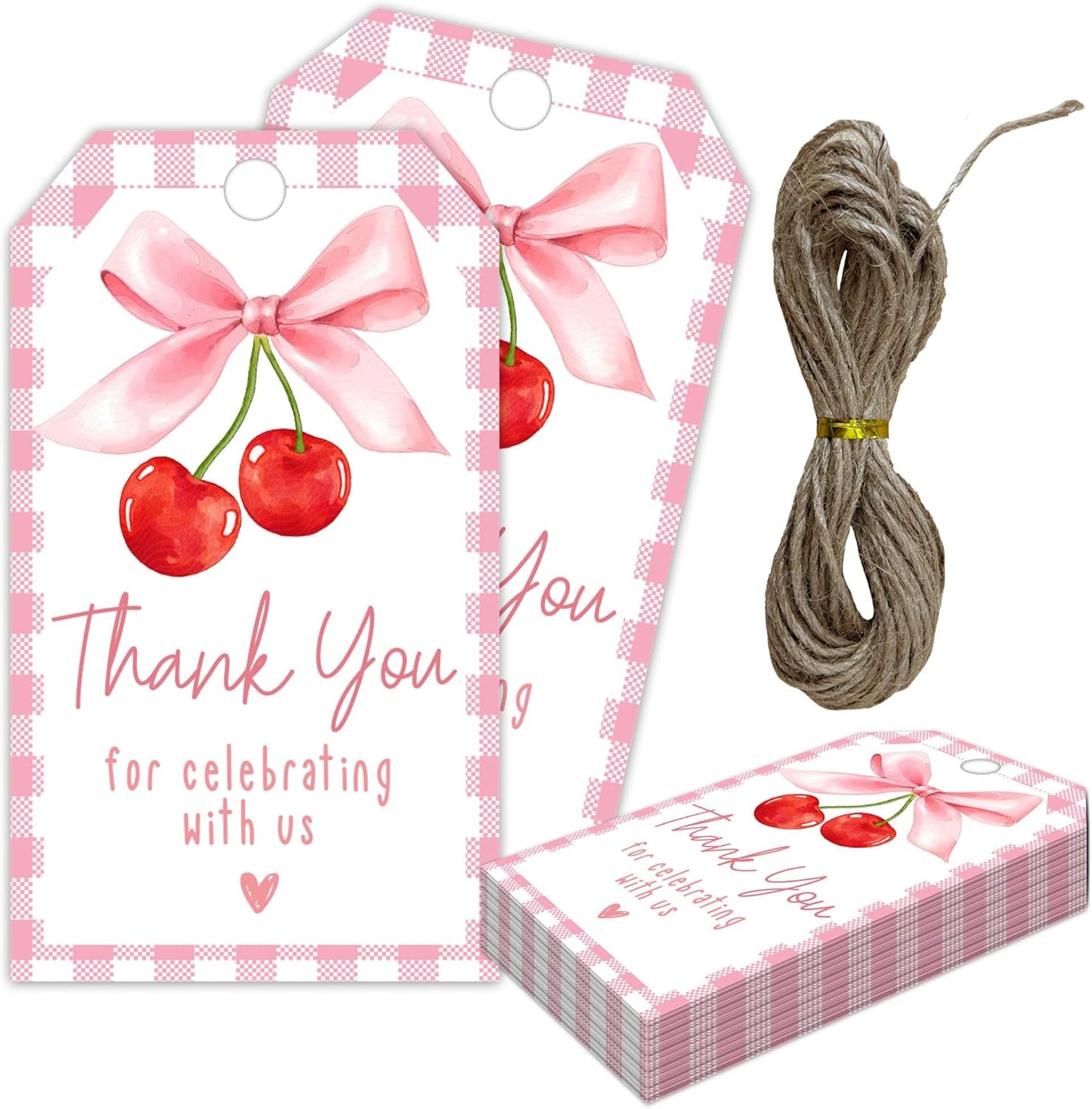 Cherry Gift Tags, 2x3.5 Inch Pink Bow Gift Tags, 50Pcs Thank You for Celebrating with Us Label, Paper Personalized Design Labels for Wrapping Party Favor-A12