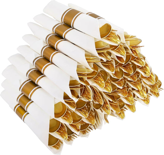 50Guests Pre Rolled Gold Plastic Silverware Sets - Heavy Duty Gold Cutlery - Include 50 Pack Wrapped Disposable Utensils with Napkins for Parties, Dinners & Weddings