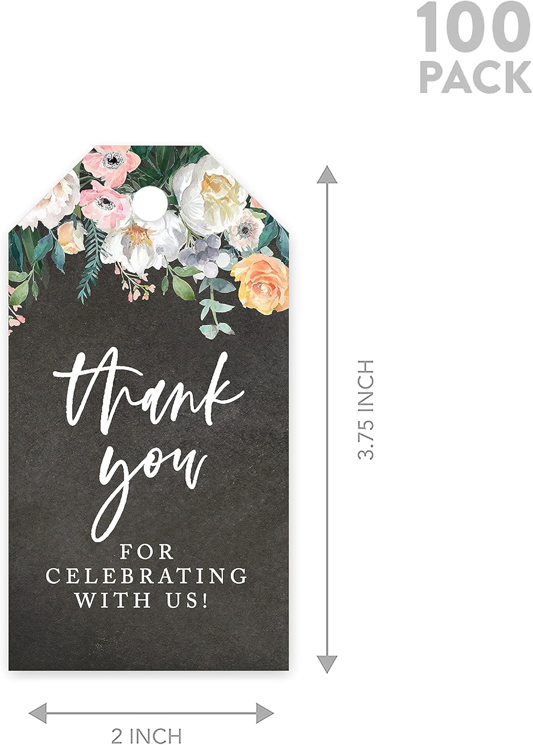 Andaz Press 100-Pack Thank You for Celebrating with Us Favor Tags Chalkboard Florals Cardstock Gift Tags with Bakers Twine for Wedding Baby Shower Bridal Shower Birthday Party Favors 2 x 3.75-Inches