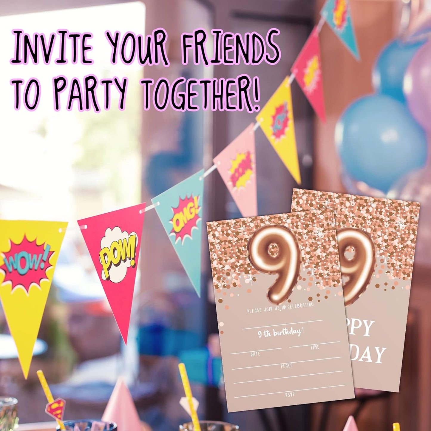 9th Birthday Invitation Cards, Rose Gold Glitter 9th Birthday Party Invites, Kids Happy Birthday Party Decorations Supplies, 20 Fill-in Cards with Envelopes for Boys or Girls Party Celebration - C01