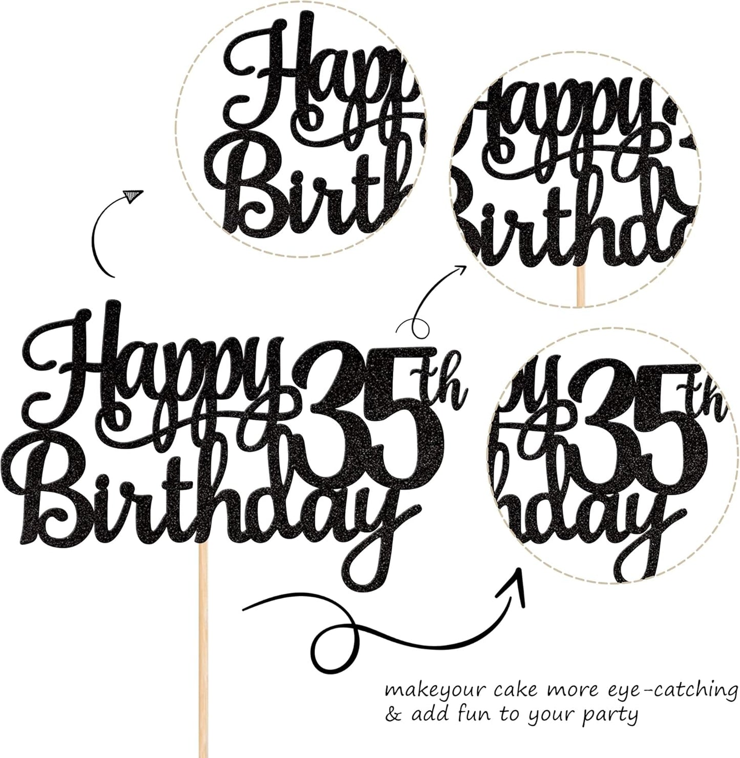 1 PCS Happy 35th Birthday Cake Topper Glitter Cheers to 35 Years Birthday Cake Pick 35 Fabulous Cake Decoration for Happy 35th Birthday Theme Party Decorations Supplies Black