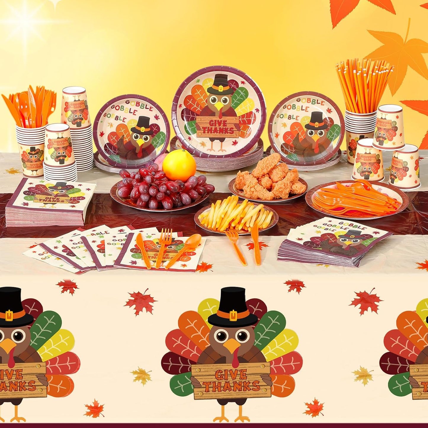 452 Pcs Turkey Thanksgiving Party Supplies for 50 Guests, Fall Thanksgiving Paper Plates Napkins Cups Tablecloth Cutlery Straws Tableware Set for Autumn Friendsgiving Party Decorations