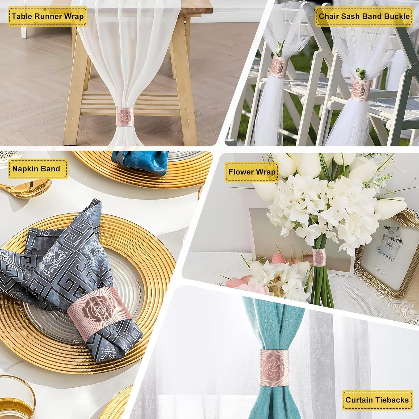 Polymer Material Reusable Napkin Band, Glue-Free Tear-Proof Water Resistant Oil-Proof Napkin Bands Set of 200(Front Rose Gold Color and Back Silver), 6 Adjustable Sizes Napkin Rings