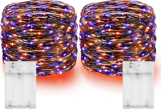 Dazzle Bright Purple and Orange Halloween Fairy String Lights, 2 Pack Total 40FT 120 LED Copper Wire Battery Operated Waterproof Lights, Halloween Decorations for Indoor Outdoor Patio Yard Party Decor