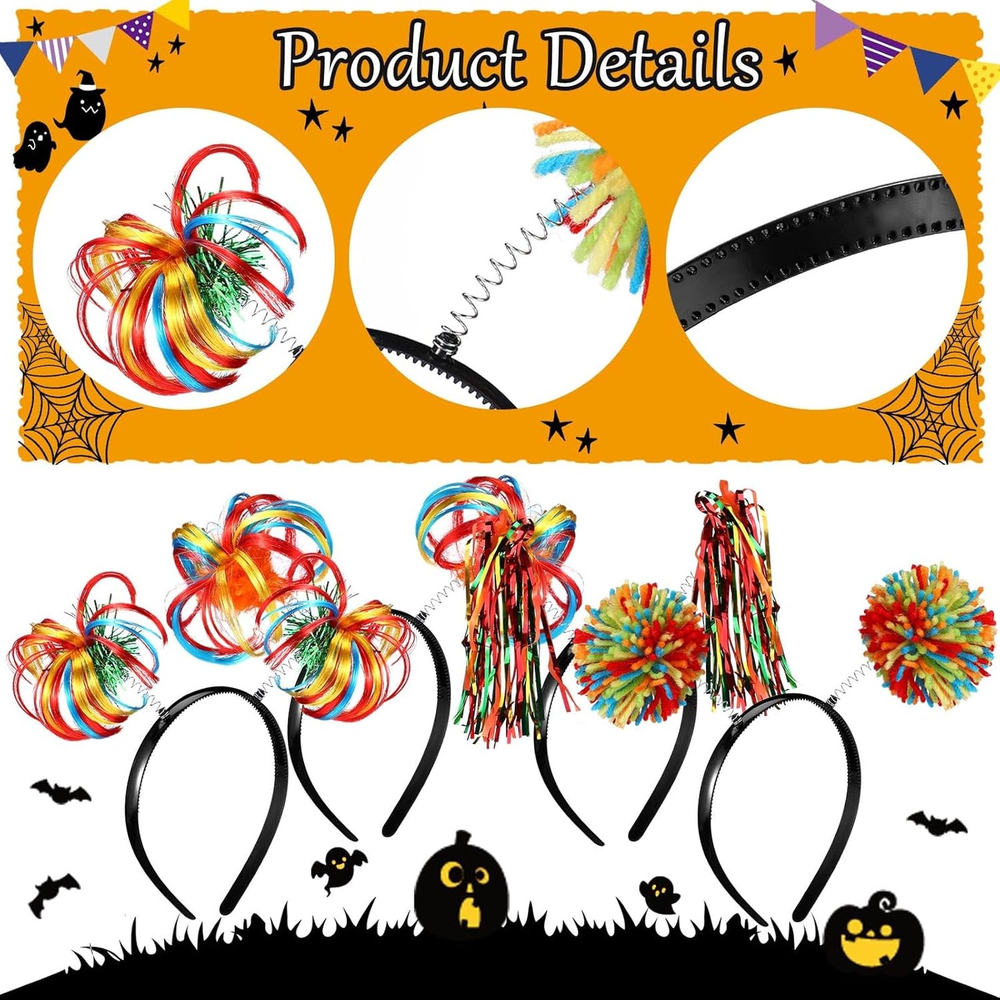 Censen 12 Pcs Halloween Pom Pom Party Headbands Tinsel Ponytails Spirit Head Bopper Headwear for Christmas Birthday Holiday