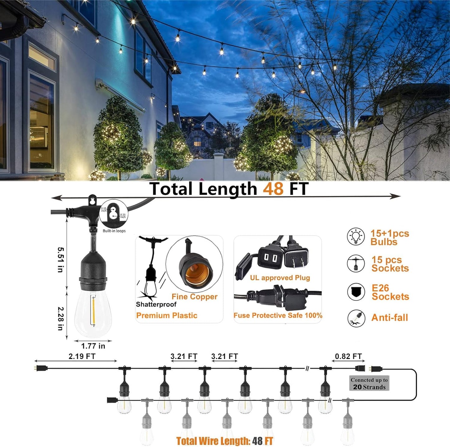 Achin Outdoor String Lights 48FT Dimmable Warm 2200K LED Patio Lights Outdoor Waterproof with 16 Plastic Bulbs Shatterproof String Lights for Outside Deck Gazebo Bistro Lights