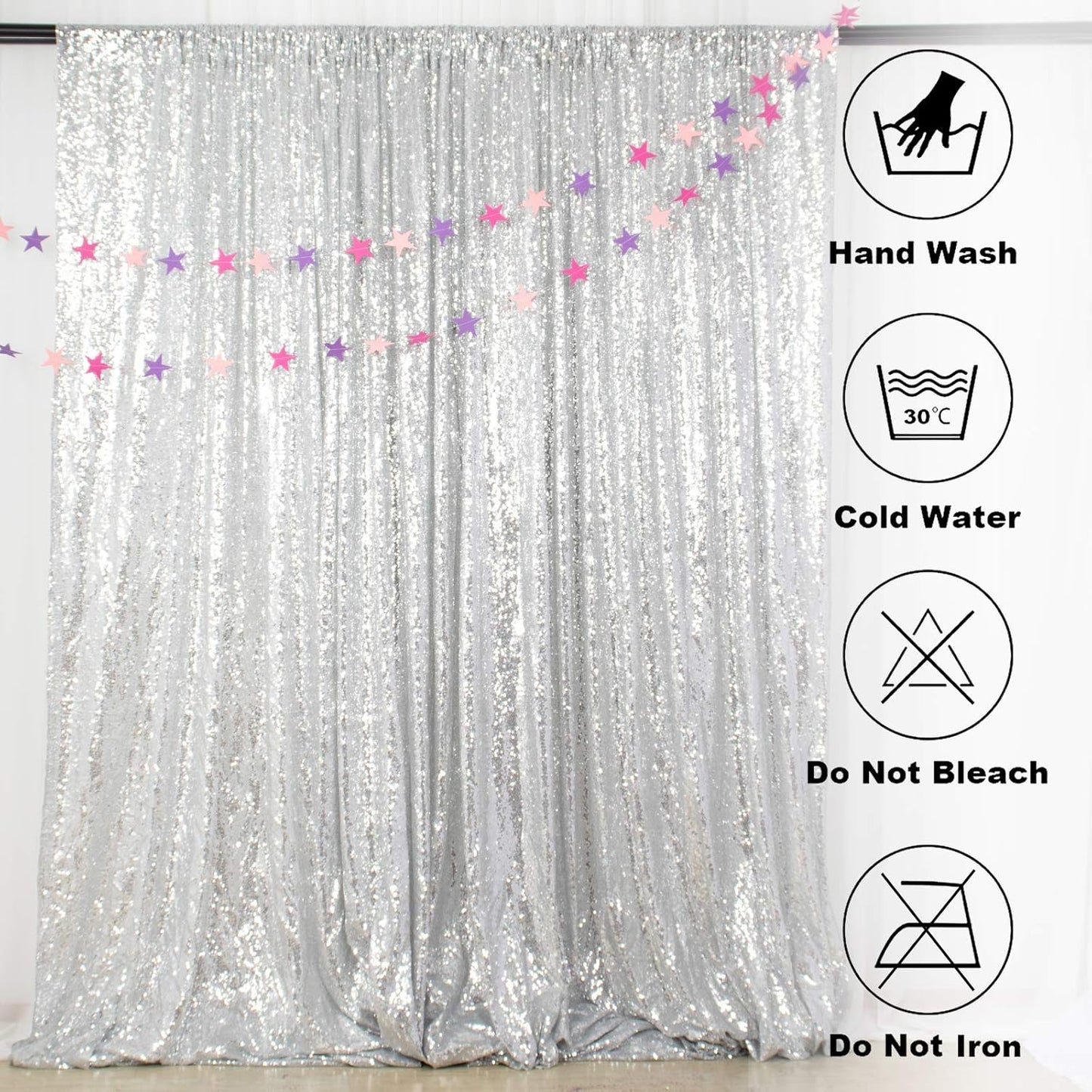 ShiDianYi 8FTx10FT Silver Sequin Photography Backdrop - Wedding Baby Shower Birthday Decor, Shimmer Sequined Curtain Wall for Parties & Events