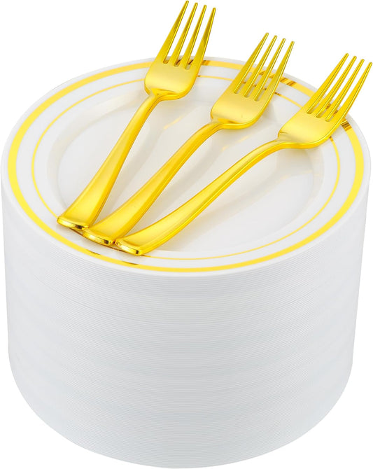 200pcs Gold Dessert Plates with Forks for 100 Guests-100pcs 7.5" Small Plastic Dessert Plates and 100pcs 7.4" Forks-Disposable Cake/Appetizer/Salad Plate for Wedding/Birthday/Party