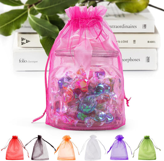 ANZNKU 100 Pcs Sheer Organza Bags 6x9 inches Mesh Drawstring Bag, Small Mesh Bag for Gifts, Large Organza Bags Drawstring for Wedding Party Favor Christmas(Hot Pink)
