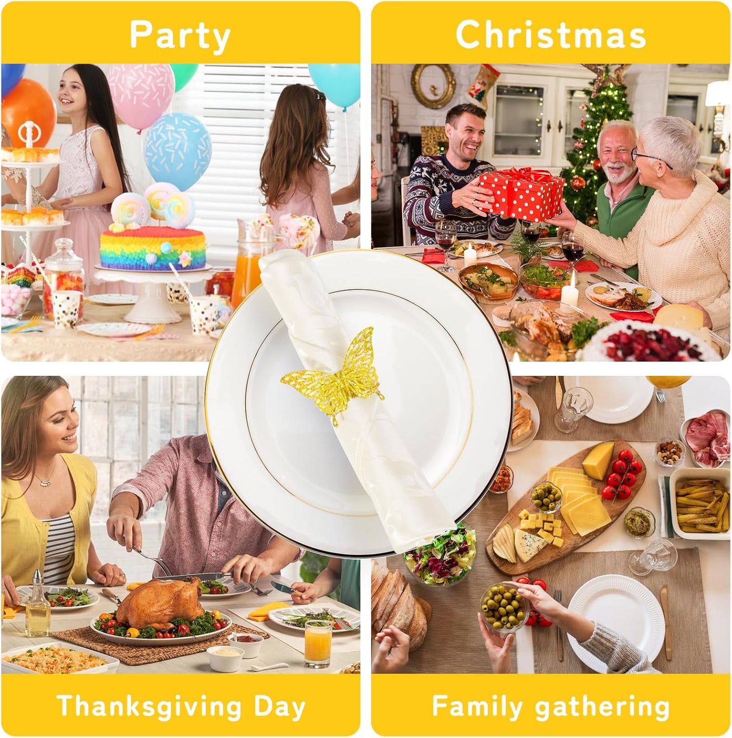 100 Pcs 3D Gold Butterfly Iridescent Napkin Rings Silverware Wraps Bands,Table Setup Sequined Wedding Valentines Day Event Party Supply Settings, Glossy Serviette Buckles Decoration(Gold)