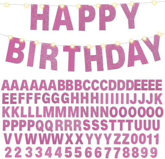 TaoBary 112 Pcs DIY Letter Kit Glitter Customizable Banner Letters Include 107 Letters and Numbers 3 Rope and 2 Needles for Birthday Halloween Christmas Wedding Valentine Party Decor(Pink)