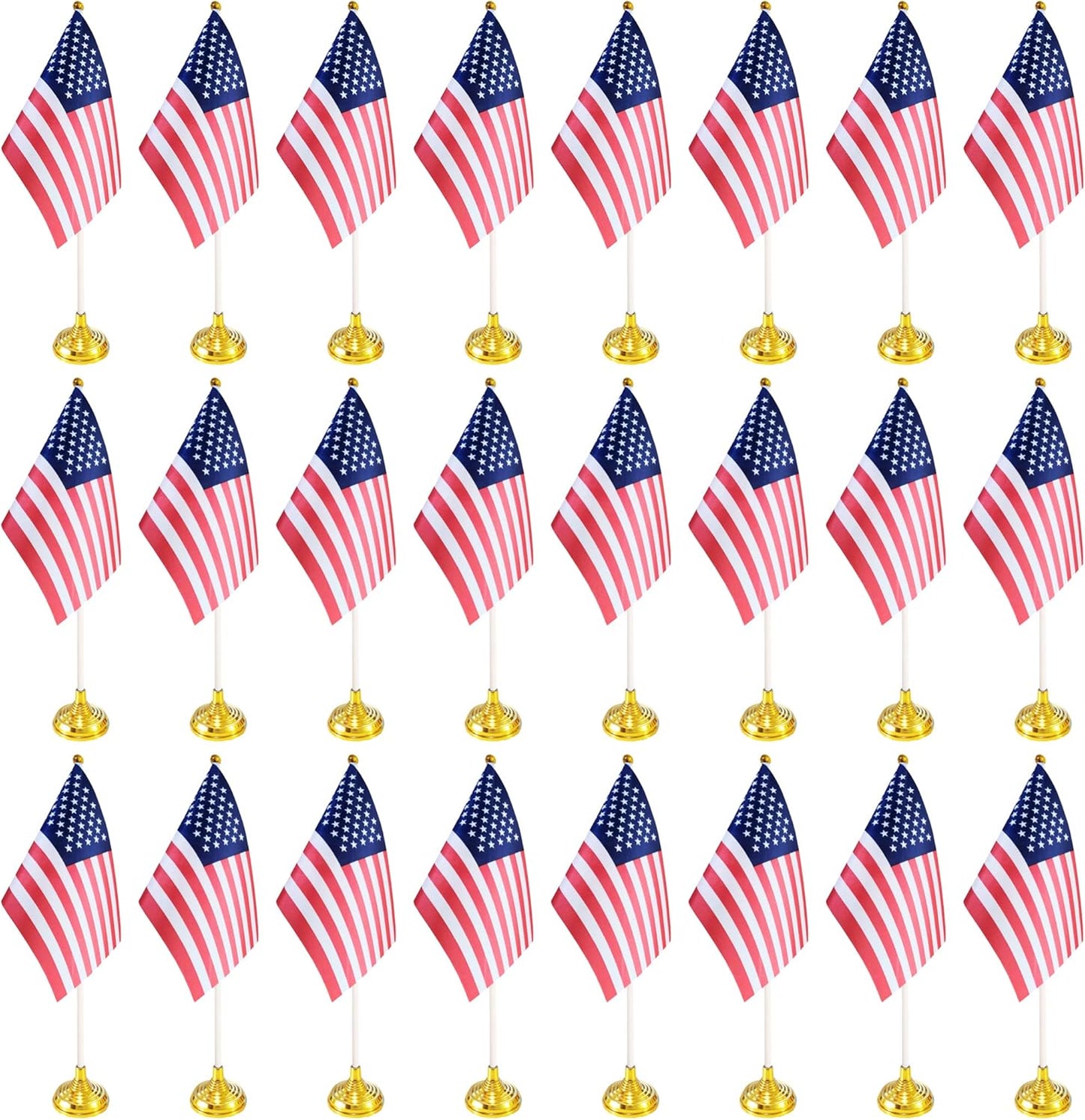 24 Pack USA US Desk Flags,Small Mini American Deluxe Table Flags Set with Stand Base，8.2 x 5.5 inches Miniature Desktop Flag