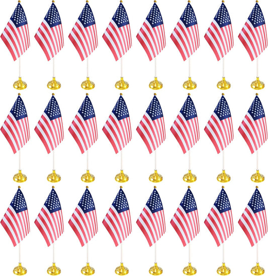 24 Pack USA US Desk Flags,Small Mini American Deluxe Table Flags Set with Stand Base，8.2 x 5.5 inches Miniature Desktop Flag