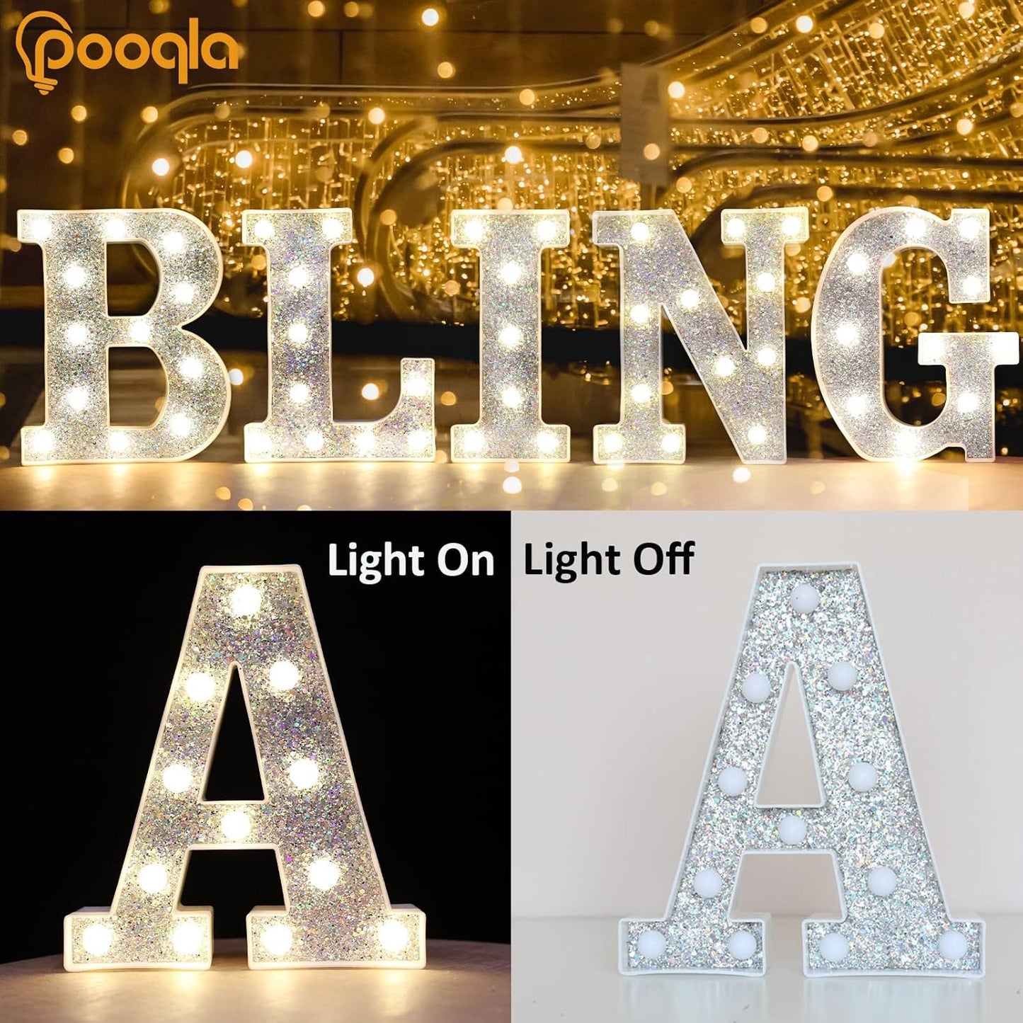Pooqla Light Up Letters, LED Marquee Letters for Silver Birthday Decorations, Battery Powered Night Light Teenager Girl Room Decor, Gift for Girls Boys Wedding Bedroom Christmas Party Decor, Letter U
