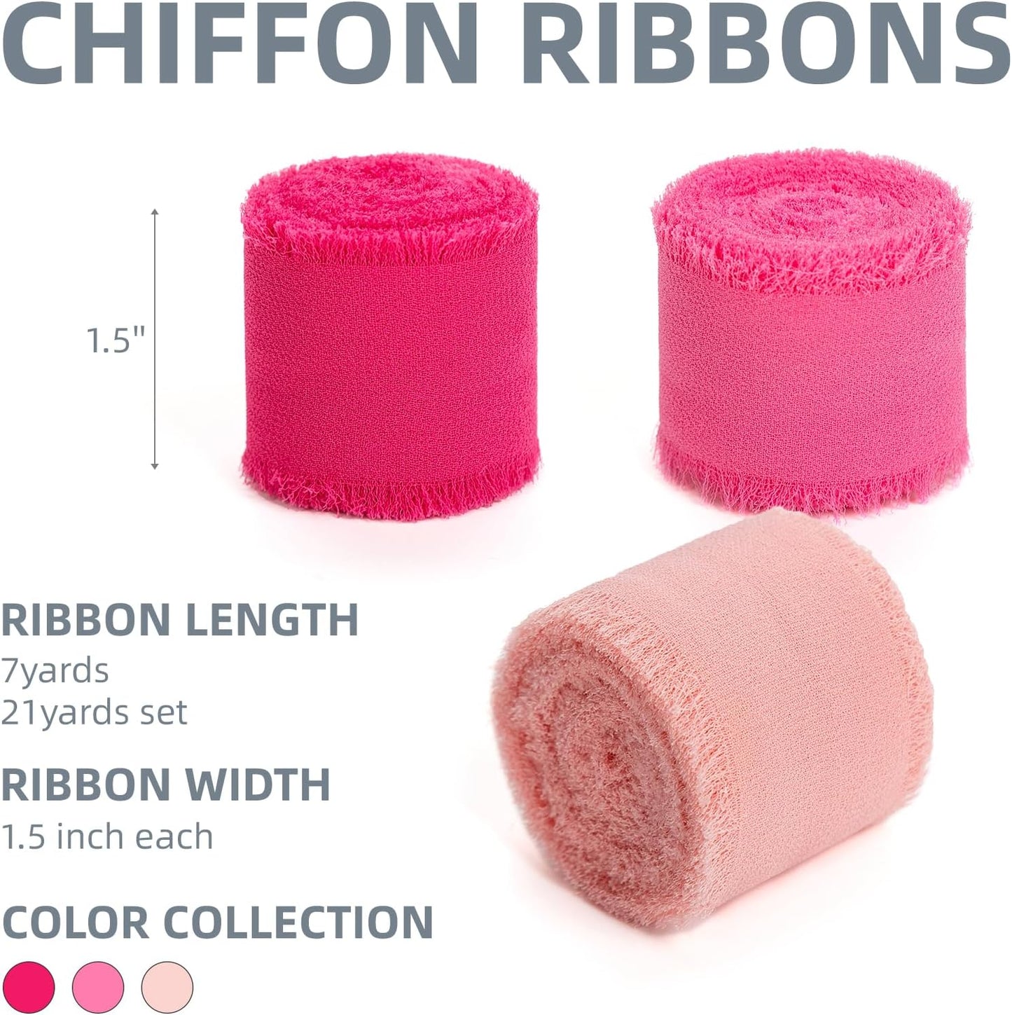 Hot Pink Pastel Pink Handmade Chiffon Ribbon,1.5" x 21Yd Frayed Silk Ribbons for Wreaths Bridal Flower Bouquet Christmas Gift Wrapping Wedding Decor Invitations Decorations (7Yards X 3 Rolls)