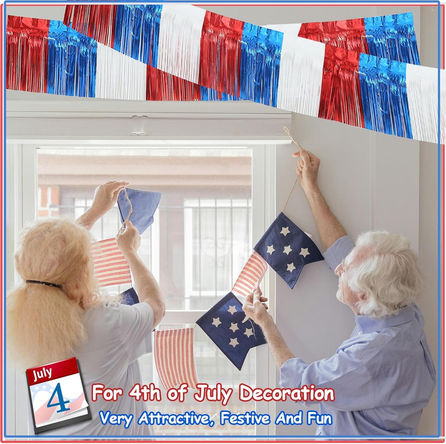 4 Pack 10 Feet Foil Fringe Garland Metallic Tinsel Streamers Banner Wall Hanging Fringe Backdrop Banner for Parade Floats Wedding Birthday Party Decoration (Royal Blue Red White)