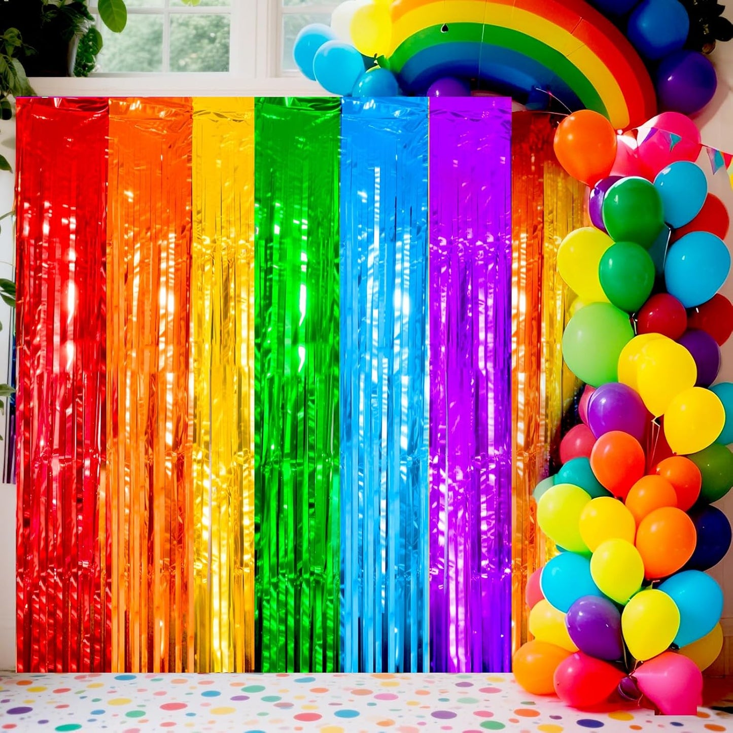 4 Packs Rainbow Foil Fringe Curtain, Assorted Color Metallic Tinsel Backdrop for Birthday, Baby Shower, Wedding, Rainbow Party Decorations Supplies