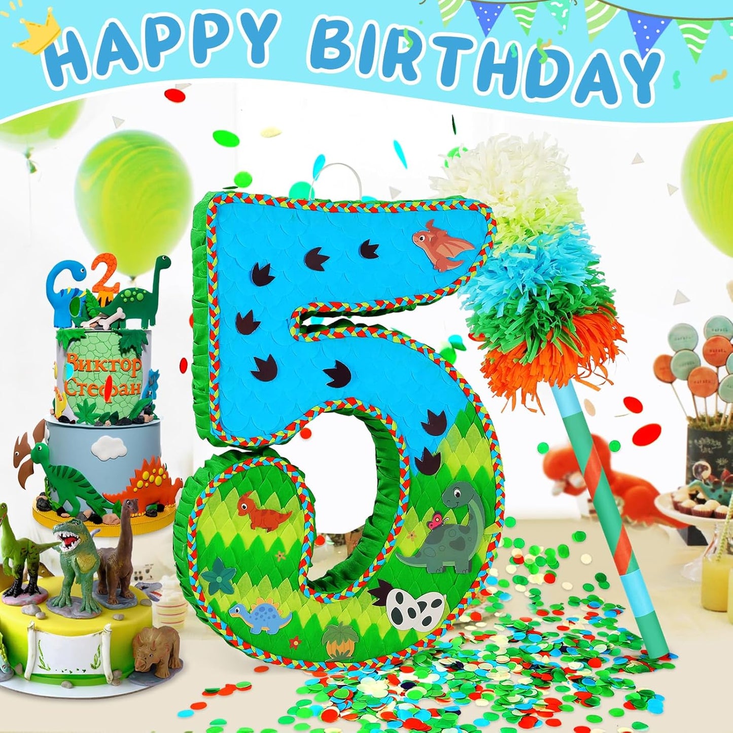 Number 5 Pinata for Birthday Party Decorations, Jungle Dinosaur Piñata Games Toy (5th)